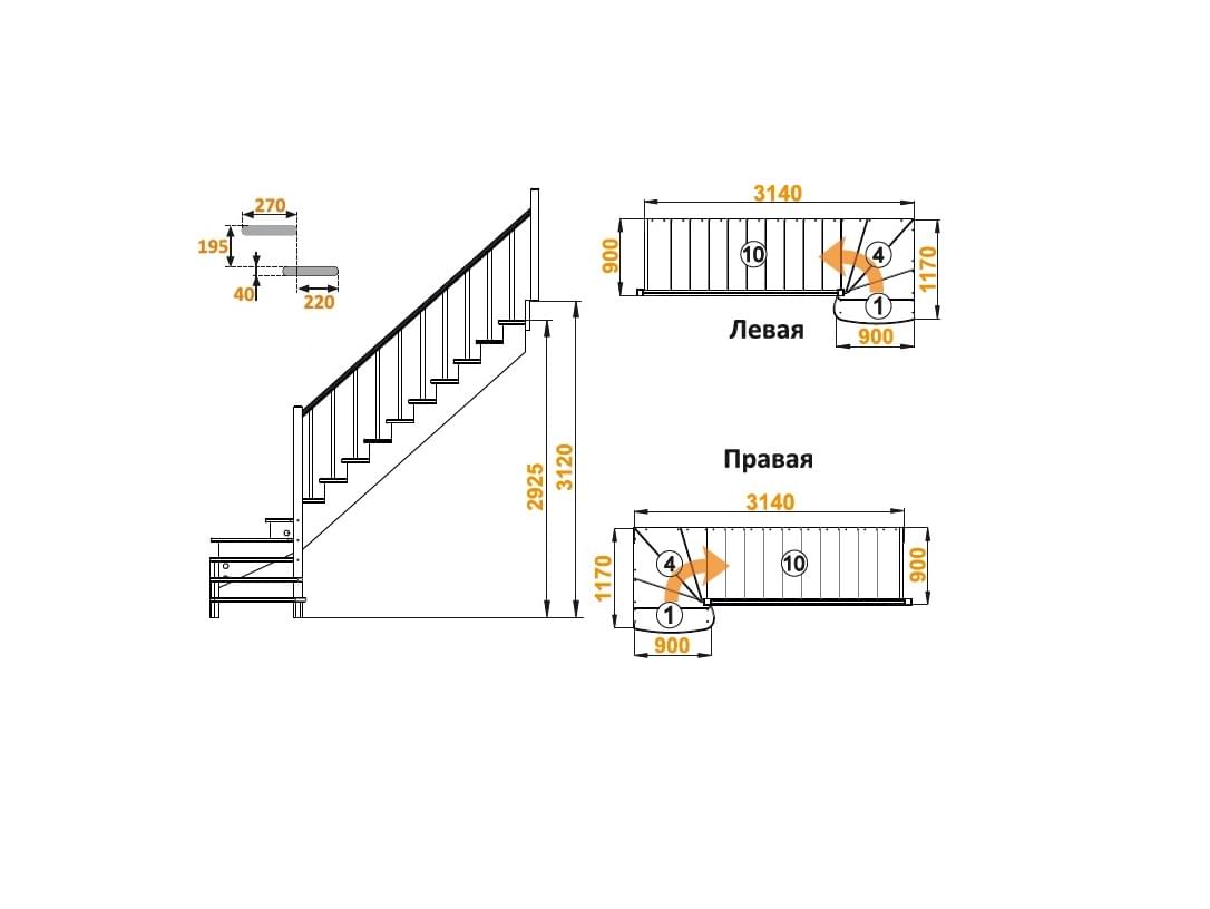 Деревянная г-образная лестница с поворотом на 90° К-001М/8-3