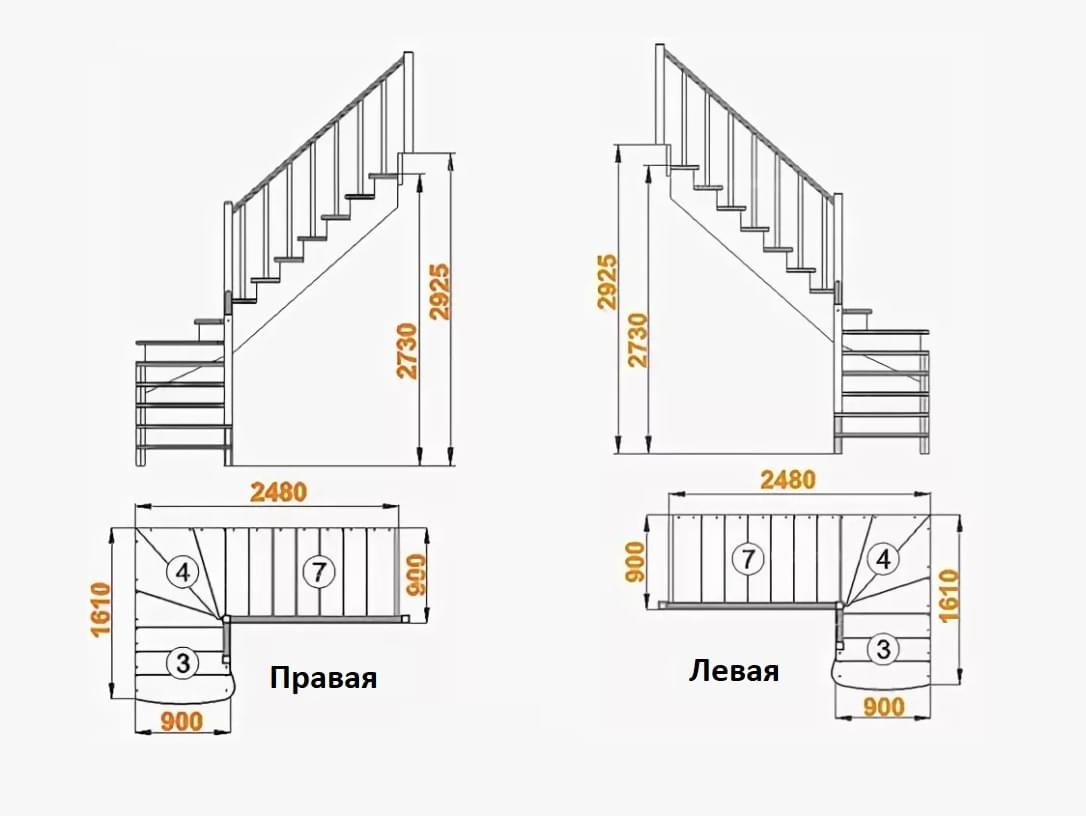 Деревянная лестница с забежными ступенями К-001М/2-2