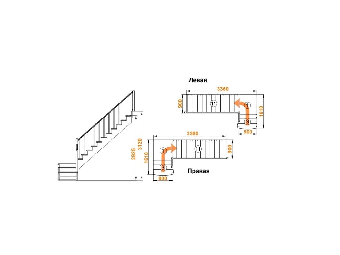 Деревянная г-образная лестница с поворотом на 90° К-002М/1!-3