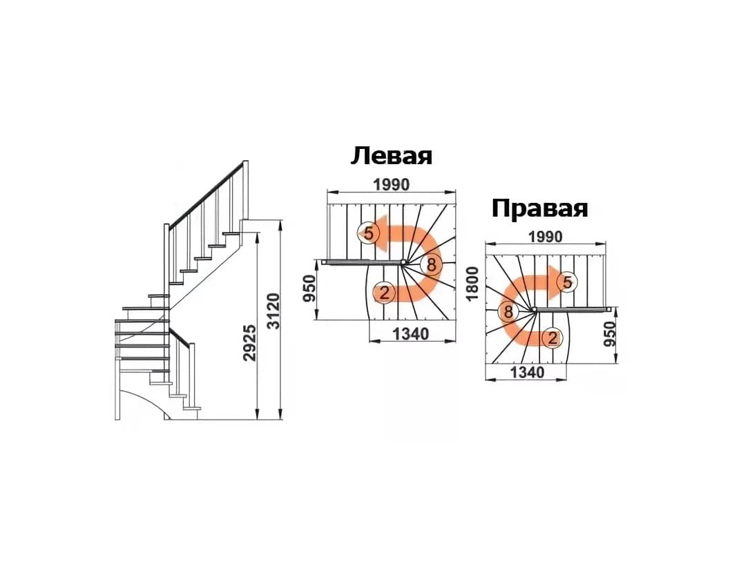 Деревянная лестница с забежными ступенями К-003М/4-2