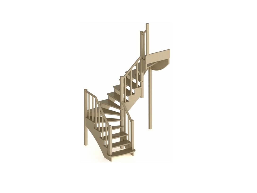 Деревянная Г-образная лестница с поворотом на 90° К-009М/2-1