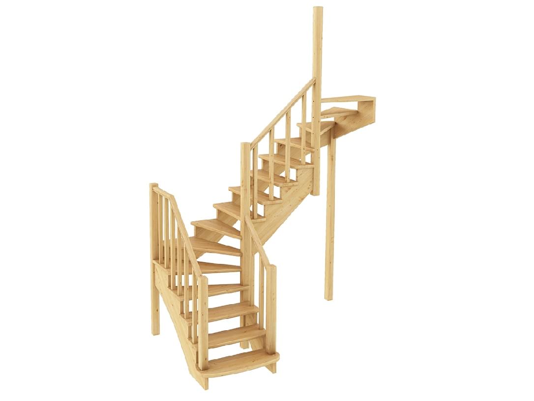 Деревянная Г-образная лестница с поворотом на 90° К-009М/2!-2