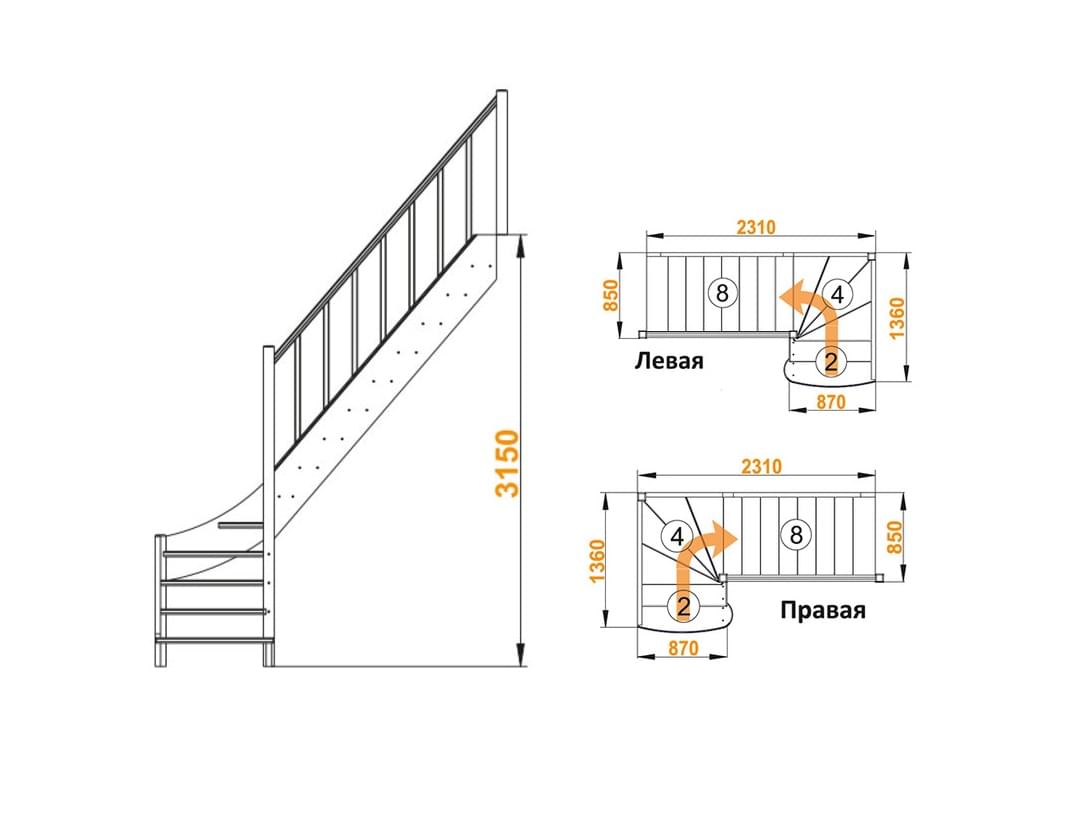 Деревянная лестница с забежными ступенями ЛС-07М/5-3